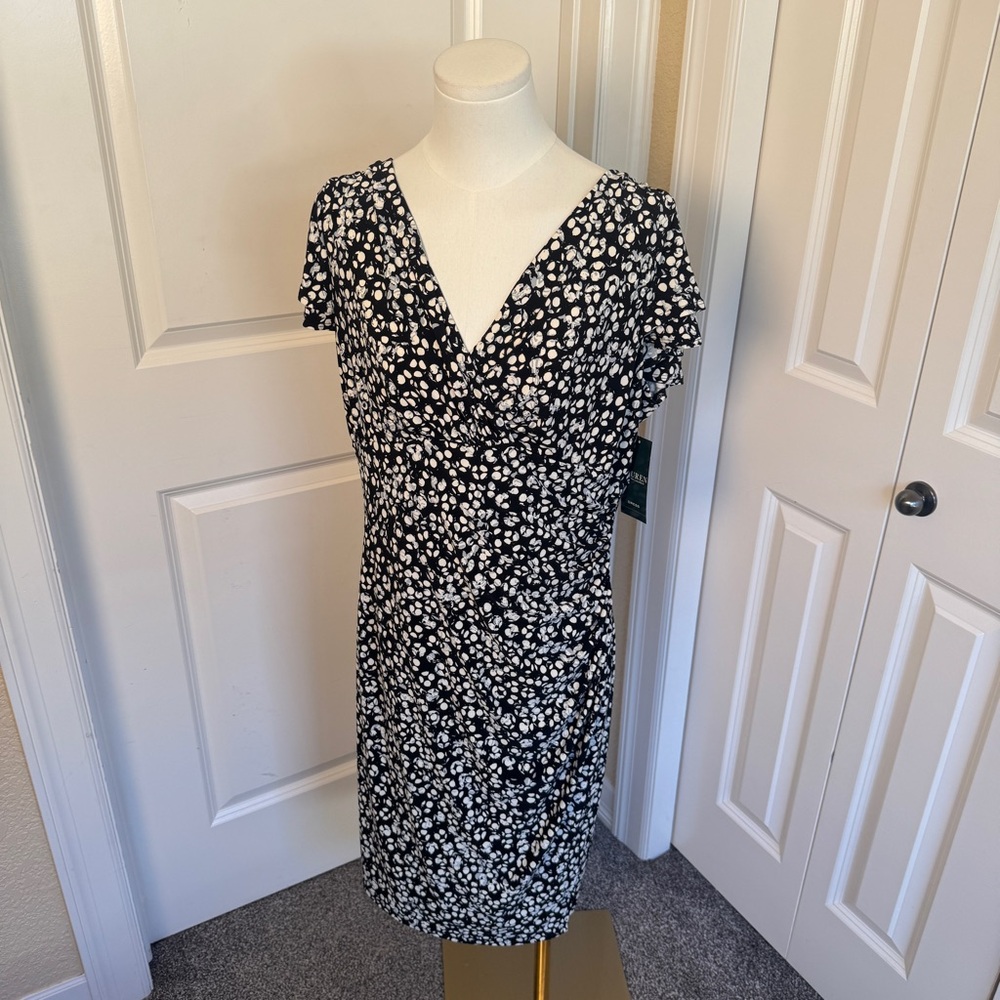 Lauren Ralph Lauren Faux Wrap Ruched Slimming Sleeve Black White Dress 14 NWT